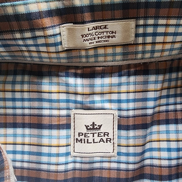 Peter Millar Men’s Button Down Shirt Tan & Blue Plaid - Large - Picture 7 of 9